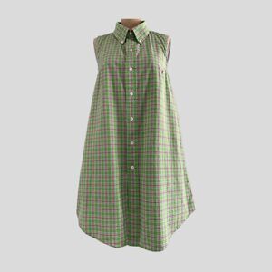Ralph Lauren Green Pink Plaid Preppy Cotton Sleeveless A Line Shirt Dress S